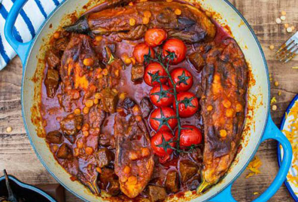 تزیین خورشت قیمه مجلسی با سیب زمینی و بادمجان